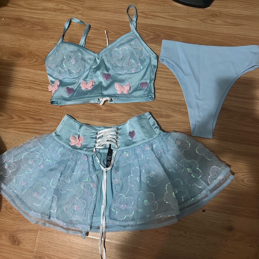 Pastel Blue Floral Lace Bralette, Tulle Skirt & Bikini Set